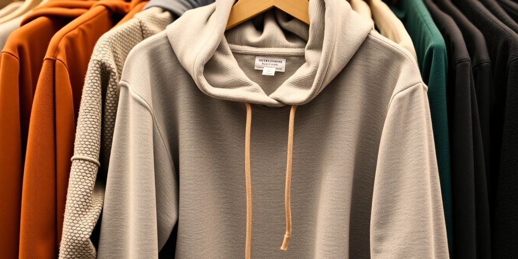 Cozy hoodie on a rack with various fabrics.