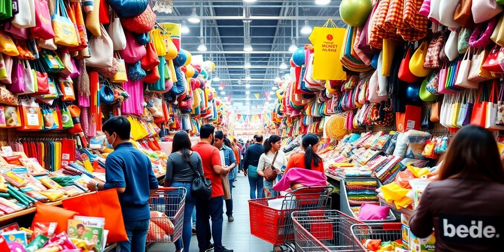 Colorido mercado con compradores y productos asequibles.