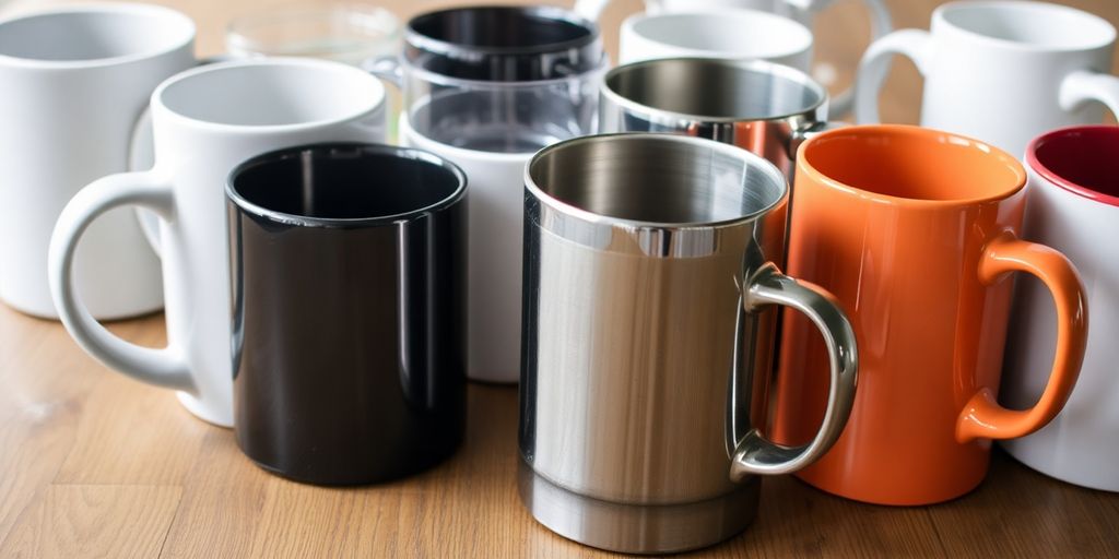 Various mug materials on a wooden table.