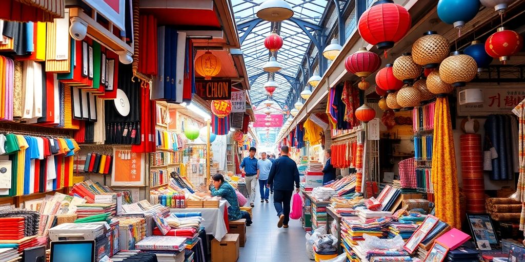 Colorful stalls in a bustling Chinese wholesale market.