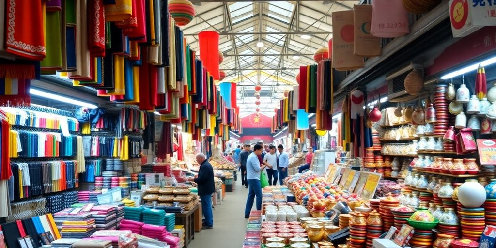 Colorful wholesale market in China with various goods.