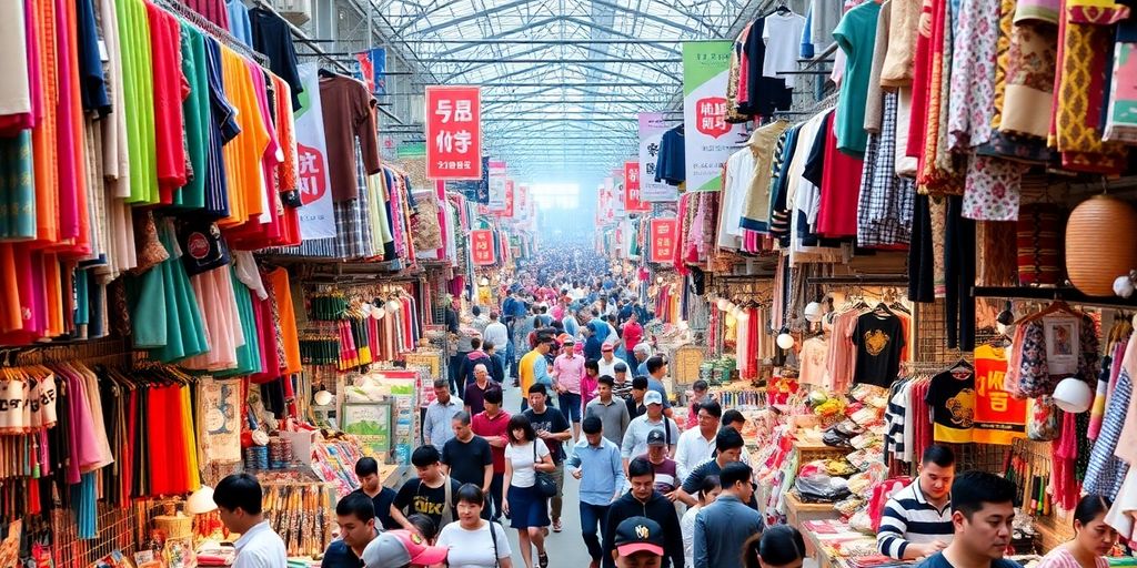 Vibrant Yiwu Wholesale Market with colorful merchandise and shoppers.