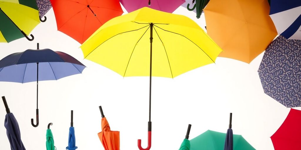 Different styles of umbrellas in various colors and designs.