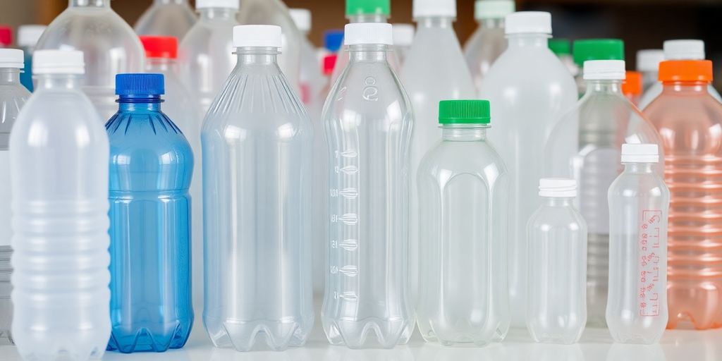 Botellas de polietileno de colores de diversas formas y tamaños.