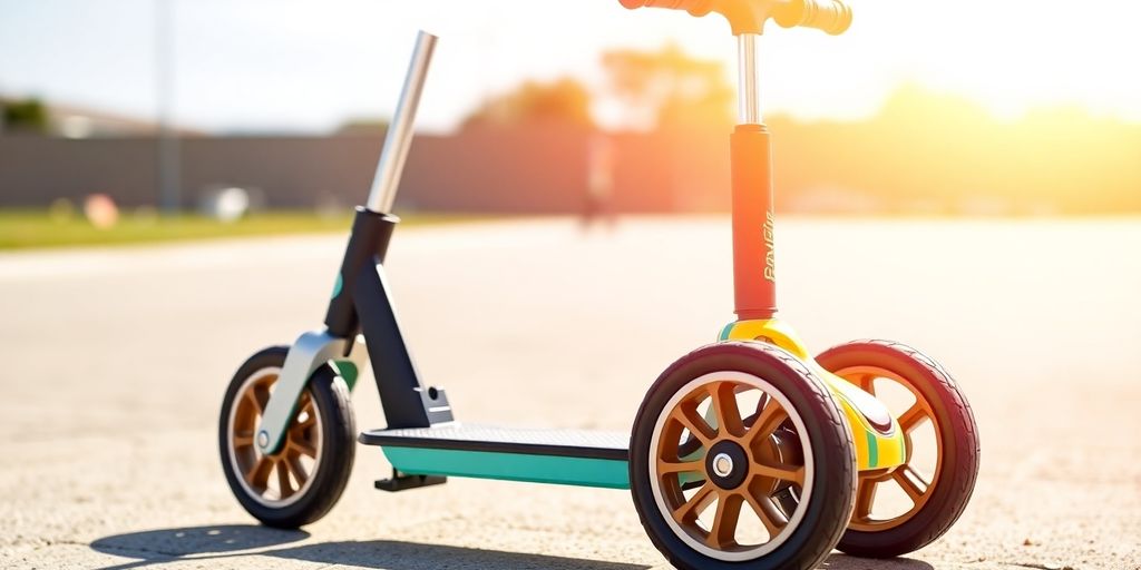 Colourful three-wheel scooter for kids in outdoor setting.