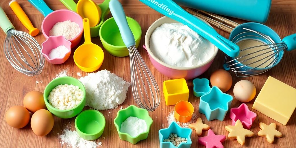 A collection of essential bakery tools on a countertop.