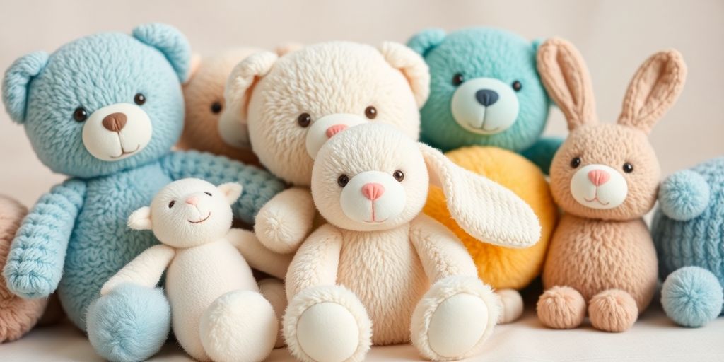 A collection of colorful, soft fabric stuffed animals.