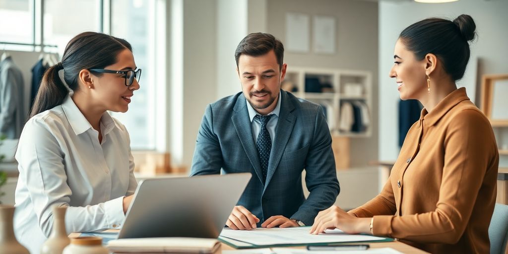 Agente de contratación y cliente colaborando en una oficina.