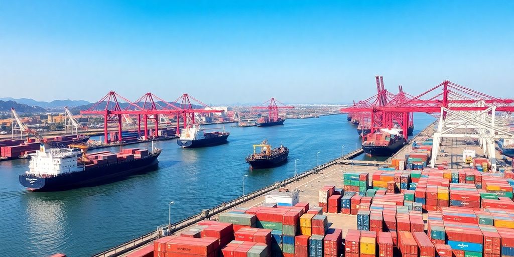 Busy South China river port with cargo ships and cranes.