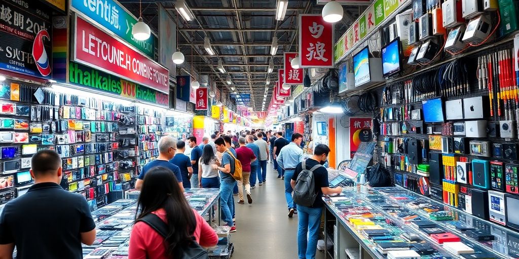 Mercado repleto de coloridos aparatos electrónicos y ajetreados compradores.