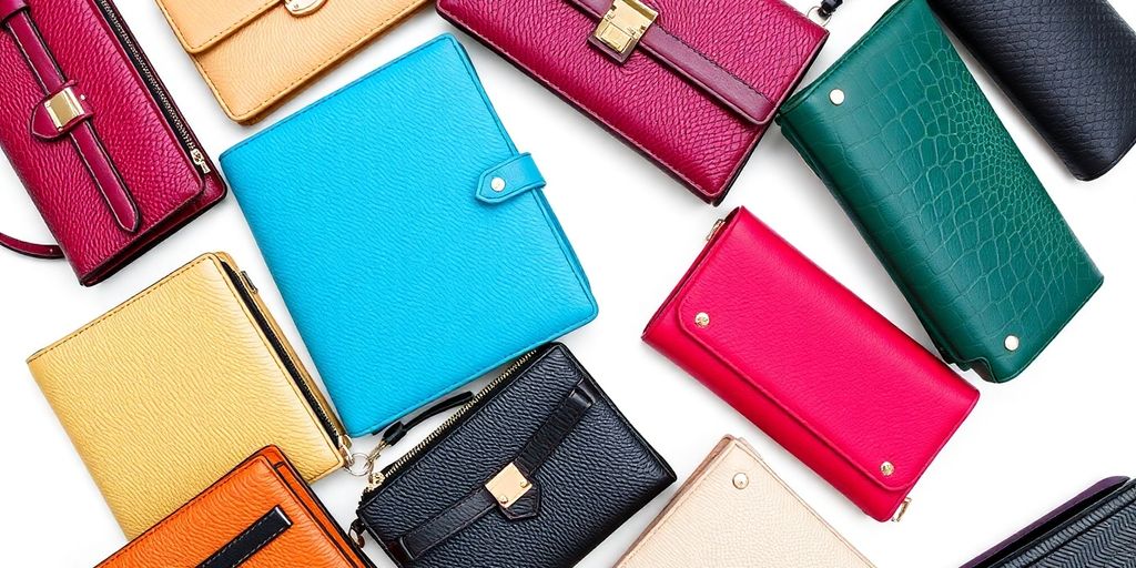 Aesthetic arrangement of stylish pocketbooks in various colors.