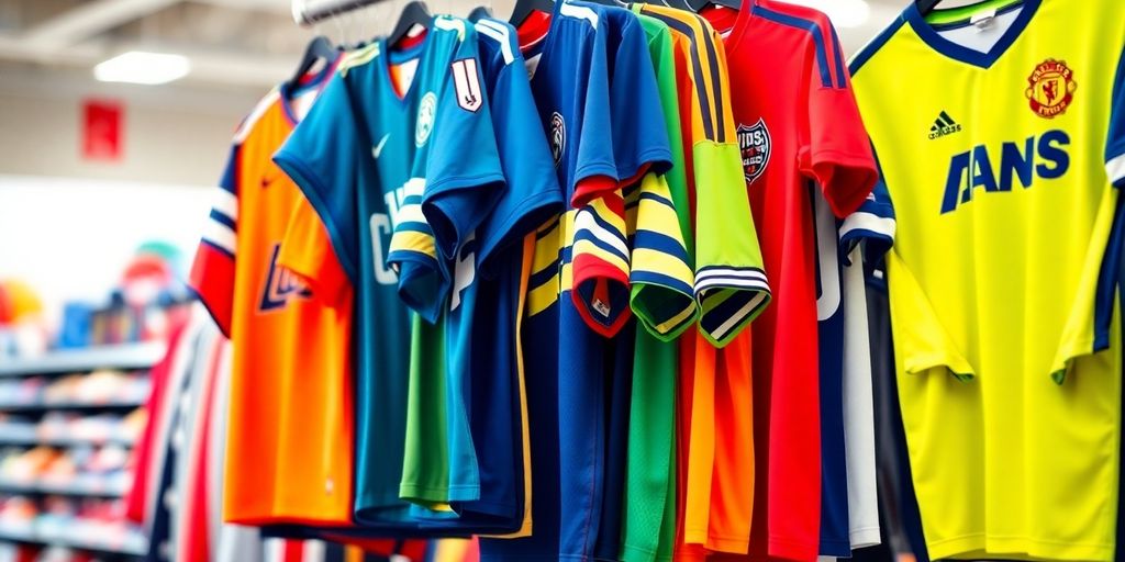 Colorful sports jerseys on display in a store.