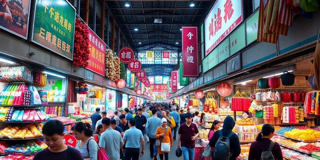 Coloridos puestos en el bullicioso mercado mayorista de Guangzhou.