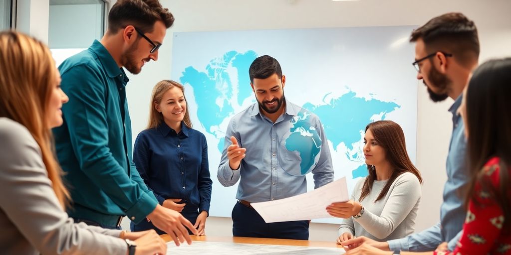 Equipo de planificación de la estrategia global de la cadena de suministro con un mapa del mundo.