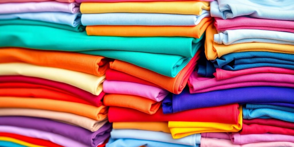 Colourful stacked T-shirts representing wholesale apparel.