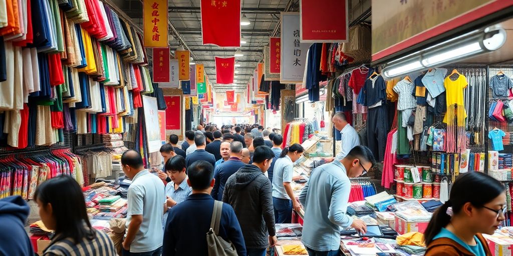 Vibrant marketplace in China with busy distributors and products.